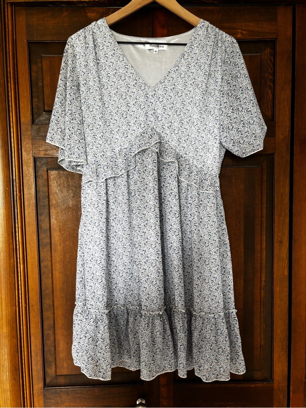 Mango Light Blue Floral Ruffle V-Neck Mini Dress